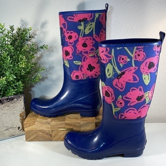Coach Rain Boots Size 7 Pearl Poppy Floral Blue and Pink - Picture 4 of 11